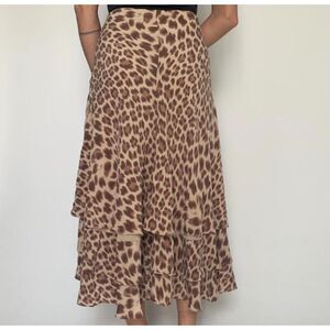 Newport News Ruffle Tiered Flowy SIlky Skirt Size 4 Tan Animal Print